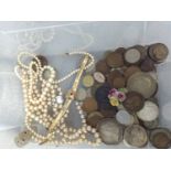 MIXED LOT OF PEARLS, COINS,