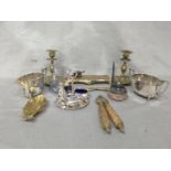 COLLECTION OF BRASS AND PLATED WARE including a pair of candlesticks and condiment set