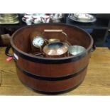 METAL BOUND BARREL PLANTER along with a modern inlaid clock and oak tie press