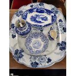 VICTORIAN BLUE AND WHITE CERAMIC HUMMING BIRD FEEDER along with a circular bowl, sauceboat,