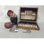 CINNEBAR LACQUER BOX along with two silver toast racks,