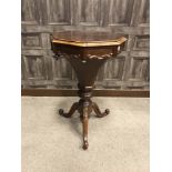 VICTORIAN ROSEWOOD OCTAGONAL NEEDLEWORK TABLE the hinged cover revealing a fitted interior lined