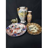 TWO JAPANESE IMARI CHARGERS along with a pair of shaped dishes, Japanese vase,