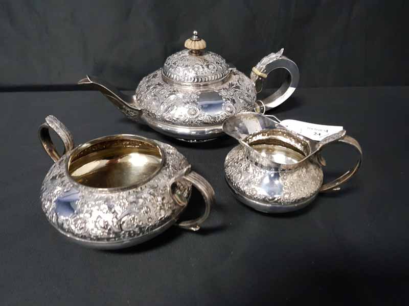 VICTORIAN SILVER PLATED THREE PIECE AFTERNOON TEA SERVICE