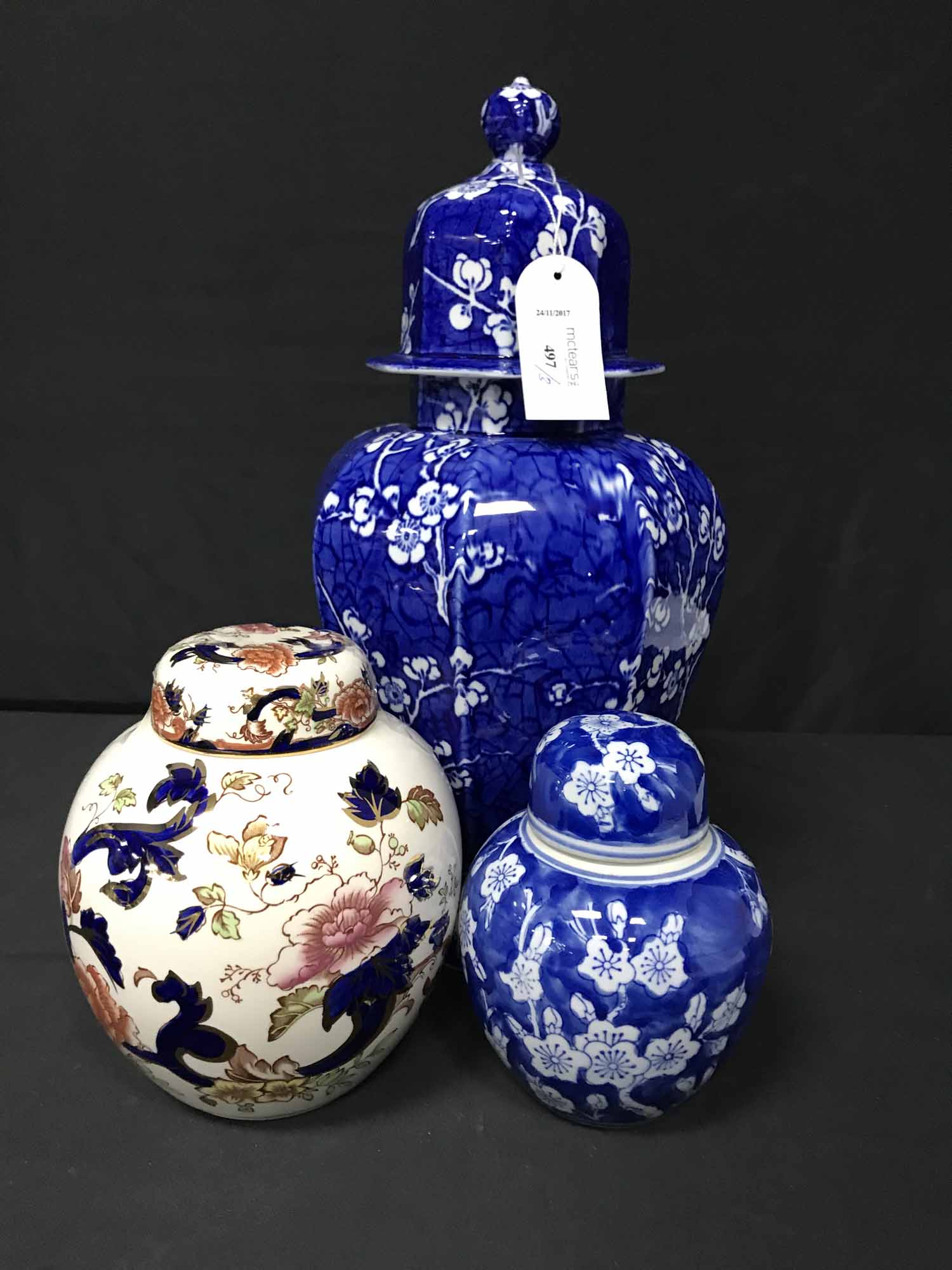MASON'S JAR AND COVER IN BLUE AND WHITE AND TWO OTHER GINGER JARS