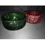 THREE COLOURED GLASS BOWLS along with bronze sculpture of a harp player and wooden fruit bowl