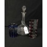 TWO ETCHED GLASS DECANTERS along with a lidded bowl and coloured glass