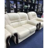 CREAM LEATHER THREE SEATER SOFA,