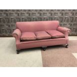 EDWARDIAN MAHOGANY FRAMED SQUARE BACK THREE SEAT SOFA with three detachable seat cushions,