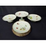 EDWARDIAN HAND PAINTED DESSERT SERVICE comprising three stemmed comports and six plates