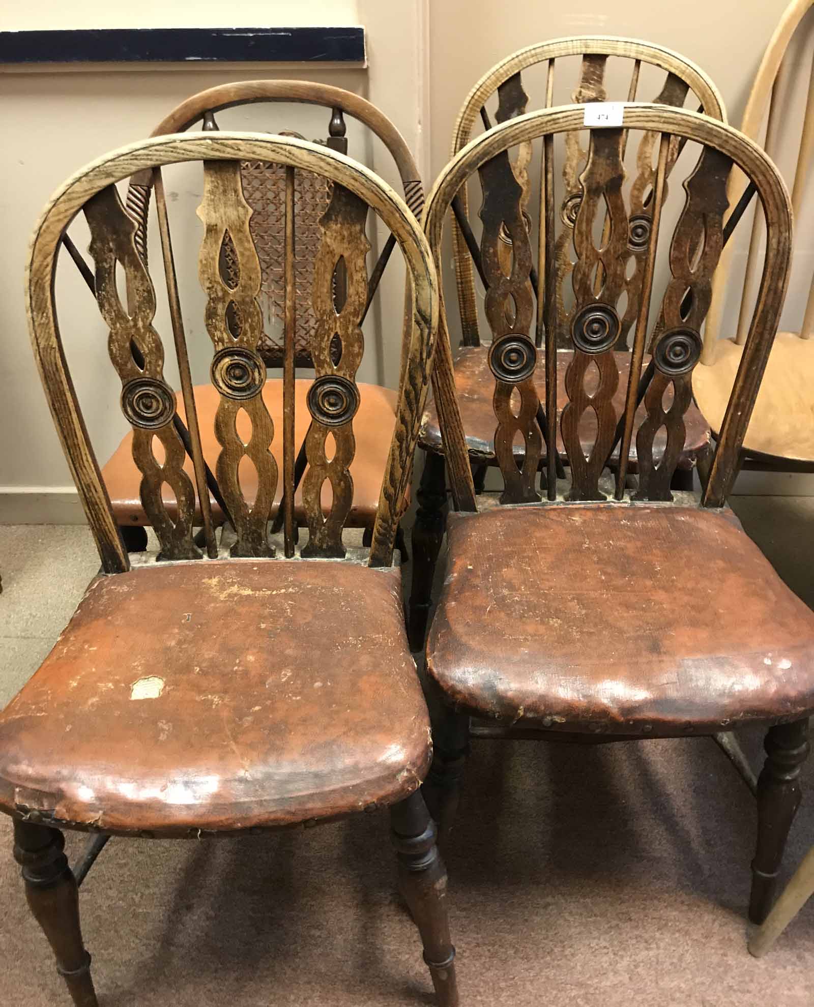 THREE OAK RAIL BACK CHAIRS and one other