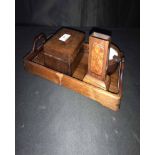 JAPANESE WOOD AND WALNUT SMOKING SET comprising cigarette box, matchbox holder,
