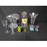 LOT OF CRYSTAL AND GLASS WARE including coloured glass spill vase, larger vases,