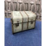 VINTAGE CANVAS ON WOOD TRAVEL TRUNK along with a vintage leather hat box