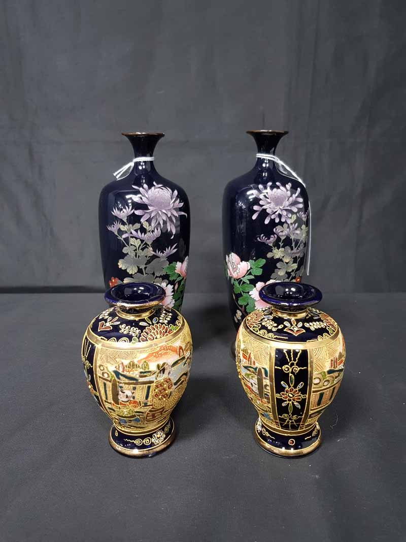 PAIR OF JAPANESE CLOISONNE SQUARE SECTION BALUSTER VASES also a small pair of Satsuma vases (4)