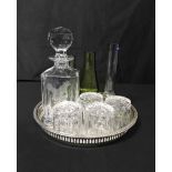 CRYSTAL DECANTER AND FOUR GLASSES ON PLATED TRAY along with a bartender's accessory set,