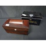 MAHOGANY TEA CADDY along with a cast aluminium deed box