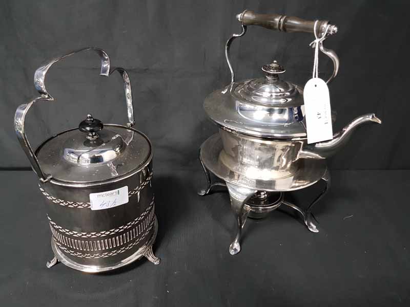 SILVER PLATED SPIRIT KETTLE ON STAND AND A SILVER PLATED AND GLASS BISCUIT BARREL