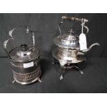 SILVER PLATED SPIRIT KETTLE ON STAND AND A SILVER PLATED AND GLASS BISCUIT BARREL