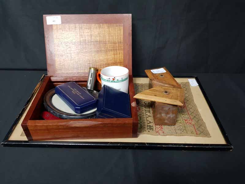 GROUP OF COLLECTABLES including a silver picture frame, sampler, reproduction medal,