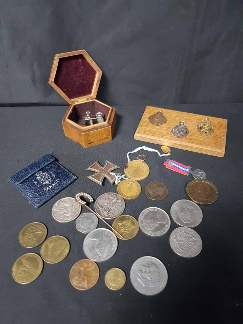 LOT OF COINS AND MEDALS including Victorian crown, cartwheel coin,