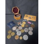 LOT OF COINS AND MEDALS including Victorian crown, cartwheel coin,