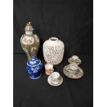 LATE 19TH CENTURY CHINESE FAMILLE ROSE LIDDED VASE along with a blue and white ginger jar,