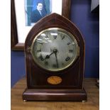 MAHOGANY INLAID GINGERBREAD CLOCK together with a mahogany mantle clock