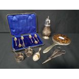 SIX SILVER GILT TEA SPOONS along with two silver cup mounts and other plated ware