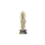 EARLY 20TH CENTURY CHINESE CARVED SOAPSTONE GUANYIN in standing position, holding Ruyi Sceptre,