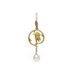 FIFTEEN CARAT GOLD PEARL SET PENDANT the openwork pendant of circular form and with central