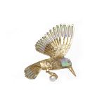 SCOTTISH GOLD NORMAN GRANT ENAMELLED AND PEARL SET PENDANT modelled as a kingfisher grasping a