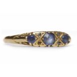 VICTORIAN BLUE GEM SET RING the boat shaped setting with three round blue gems,