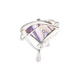 STERLING SILVER ART NOUVEAU DITCHFIELD GLASS BROOCH with a rounded triangular section of banded