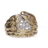 NINE CARAT GOLD DIAMOND SET SADDLE MOTIF RING the seat of the saddle with round diamonds, 17mm wide,