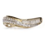 EIGHTEEN CARAT GOLD GEM SET BAND of waved form and with round diamonds and a section of channel set