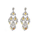 PAIR OF EIGHTEEN CARAT WHITE GOLD MULTI GEM SET CHANDELIER EARRINGS each with four diamond set