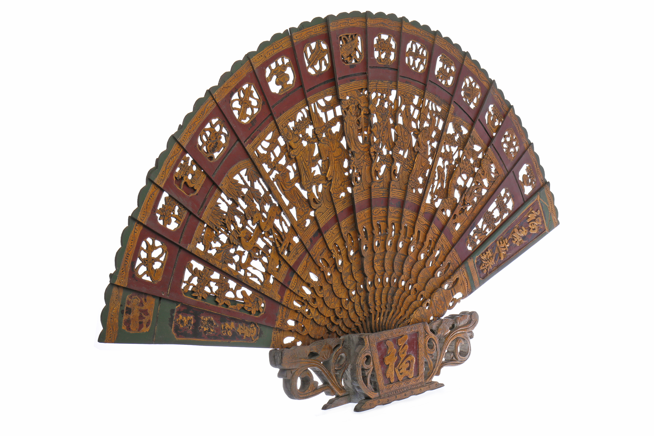 LARGE CHINESE PAINTED WOOD FAN