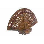 LARGE CHINESE PAINTED WOOD FAN