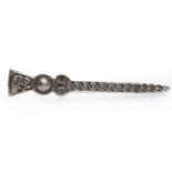 IAN MCCORMICK IONA SILVER KILT PIN in the form of a sword with celtic motifs, 95mm long, 13.