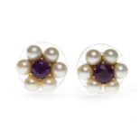 PAIR OF AMETHYST AND PEARL STUD EARRINGS each formed by a single round amethyst 4mm diameter