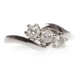 EIGHTEEN CARAT WHITE GOLD DIAMOND THREE STONE RING set with three round brilliant cut diamonds