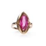 ROSE GOLD CREATED RUBY DRESS RING set with a single marquise shaped created ruby 14mm long,