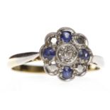 SAPPHIRE AND DIAMOND FLOWER CLUSTER RING set with a round brilliant cut diamond totalling