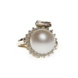 PEARL AND DIAMOND DRESS RING set with a single spherical white pearl 10.
