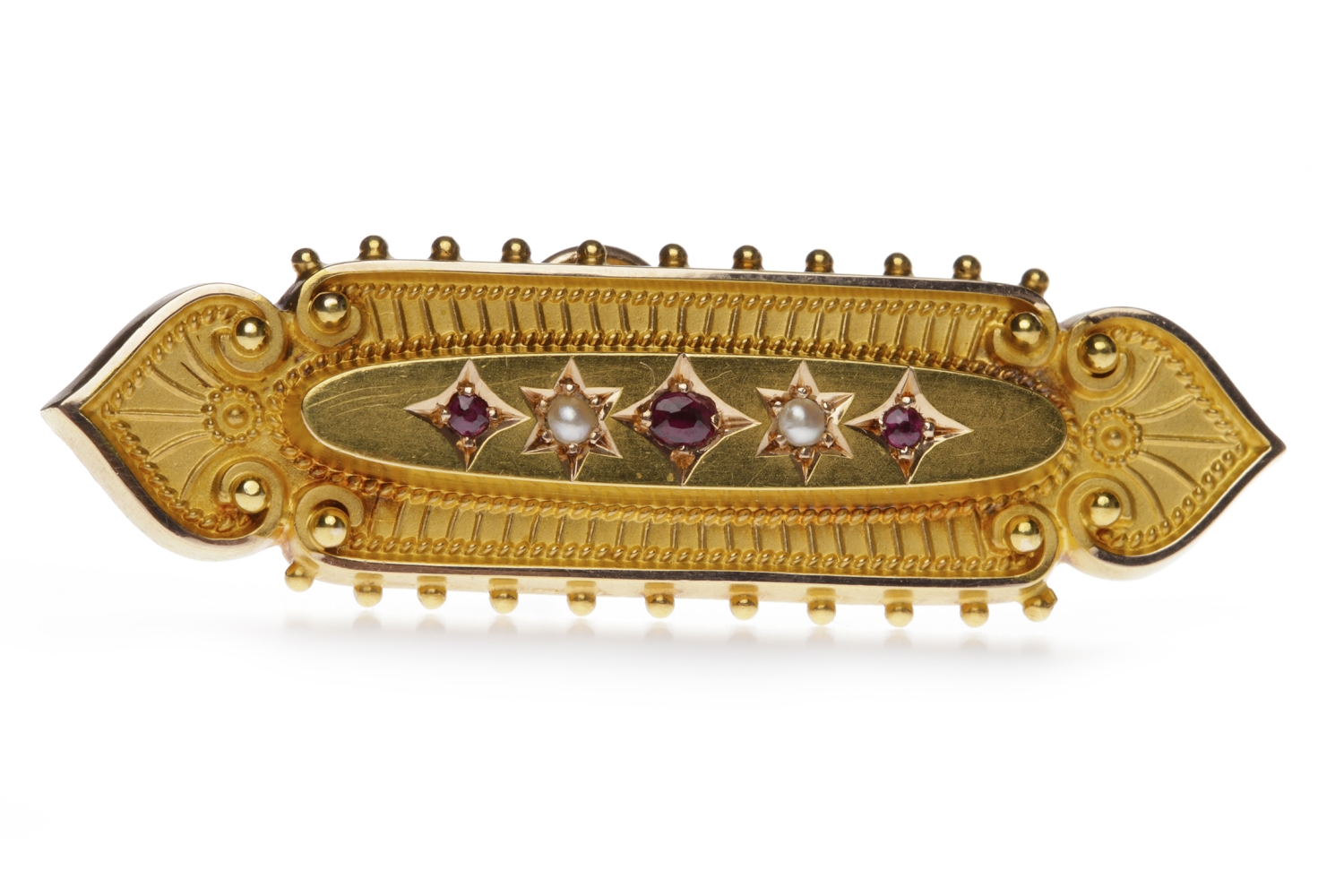 VICTORIAN FIFTEEN CARAT GOLD RUBY AND PEARL BROOCH set with three rubies and two split pearls,