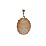 NINE CARAT GOLD CAMEO PENDANT the oval cameo carved to depict a female in profile,