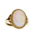 GOLD PLATED OPALINE GLASS SET RING set with a section of opaline glass approximately 13.4x9.