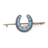 LATE VICTORIAN TURQUOISE AND DIAMOND HORSESHOE MOTIF BAR BROOCH set with a central cabochon cut