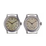TWO GENTLEMAN'S MILITARY ISSUE STAINLESS STEEL MANUAL WIND WRIST WATCHES one with a signed Eincar
